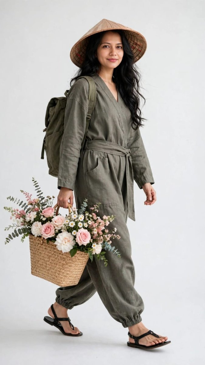 Olive Linen Jumpsuit Flower Market - Sanjanaa Arole AI Prompt Visual