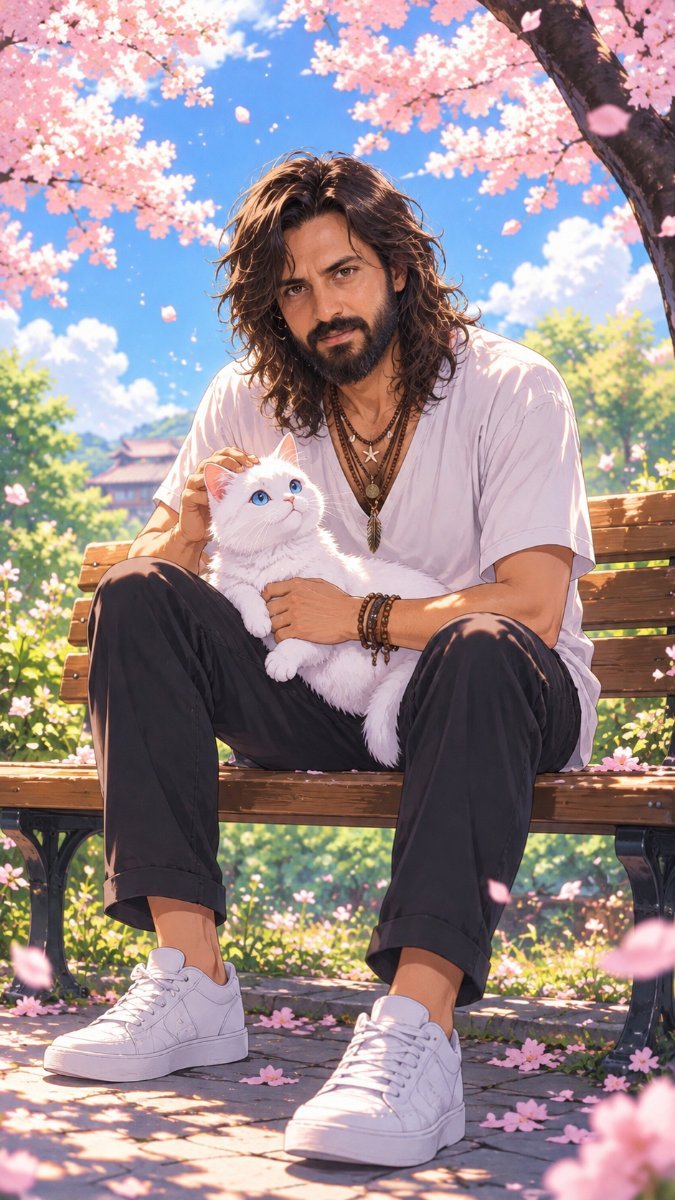 Man sitting on bench with his white cat - in Anime form in pink cherry blossom AI Prompt Visual