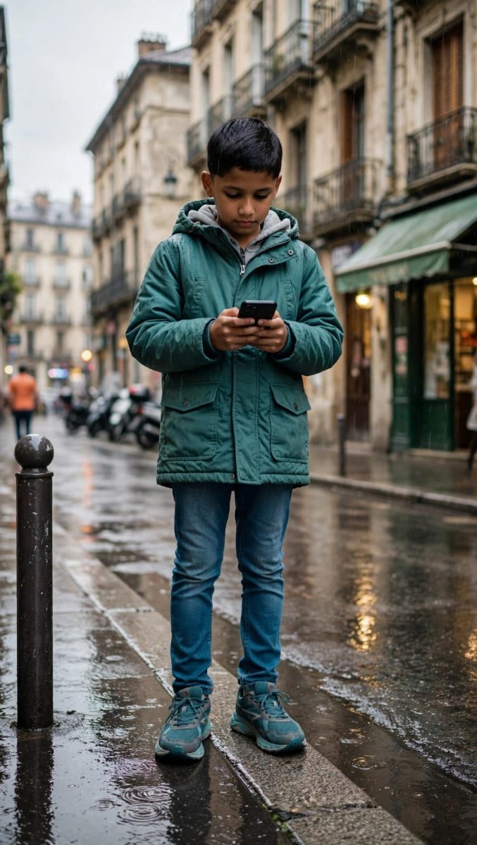 Rainy Street Phone Boy - Sanjanaa Arole AI Prompt Visual