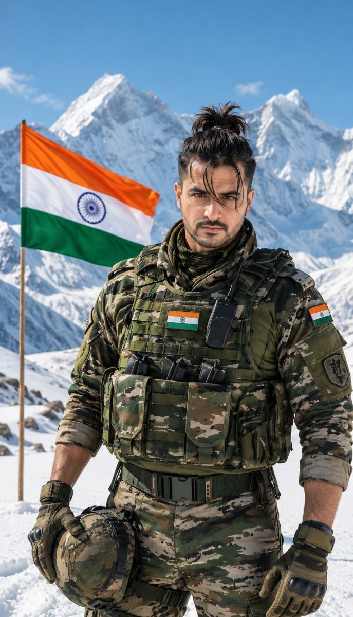 Indian soldier with Indian Flag in snow field Diinesh Patel AI Prompt Visual