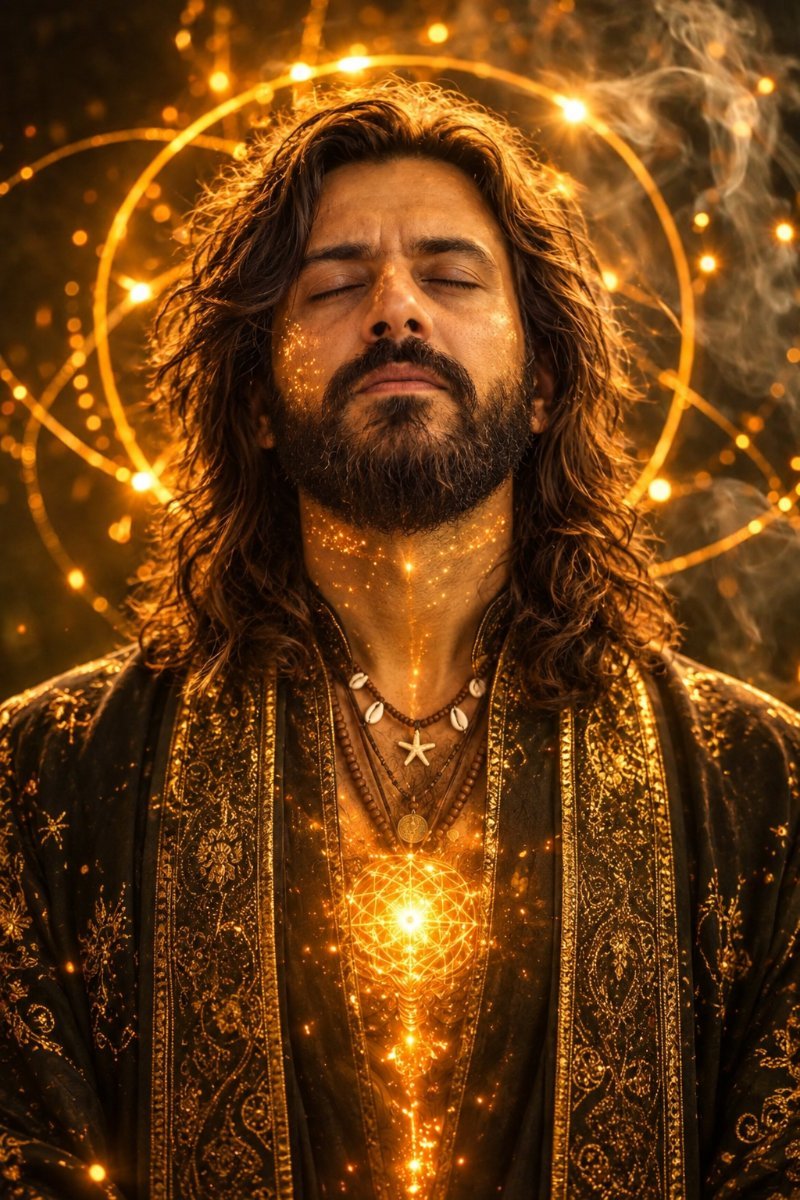 Man glowing in spiritual golden aura AI Prompt Visual