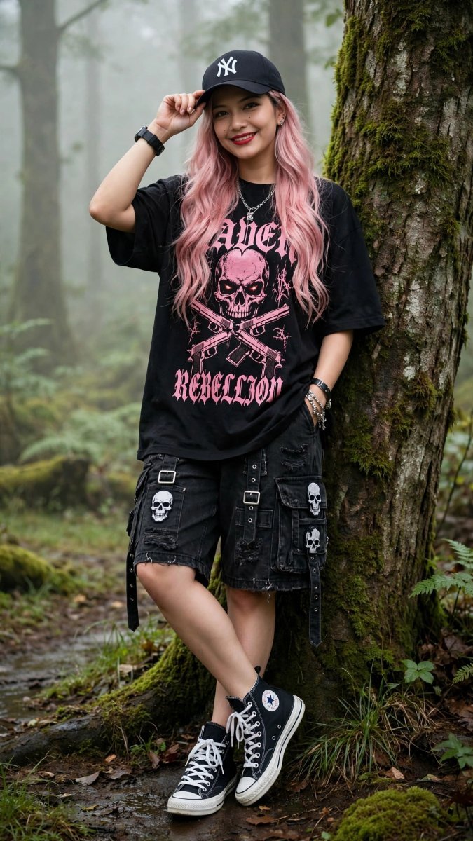 Aven Rebellion Pink Skull Oversized Tee - Pink Hair Sanjanaa Arole In Misty Forest Streetwear AI Prompt Visual