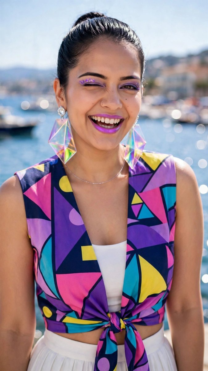 Geometric Pop Art Tie Vest - Holographic Earrings Winking Sanjanaa Arole At Marina AI Prompt Visual