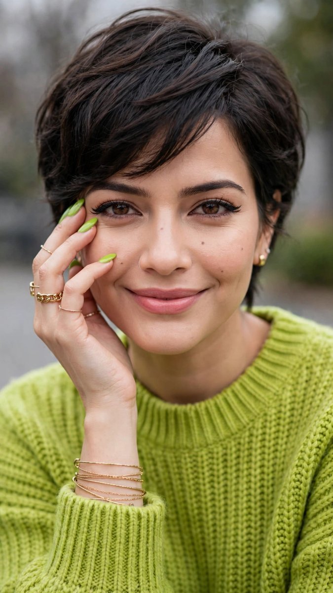 Lime Green Chunky Sweater - Short Pixie Hair Smiling Sanjanaa Arole With Green Nails - Cozy Portrait AI Prompt Visual