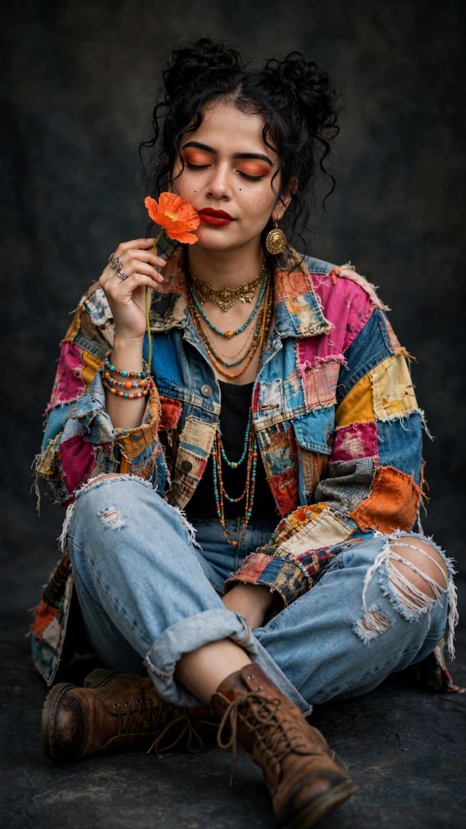 Boho Patchwork Denim Jacket -  Sanjanaa Arole AI Prompt Visual