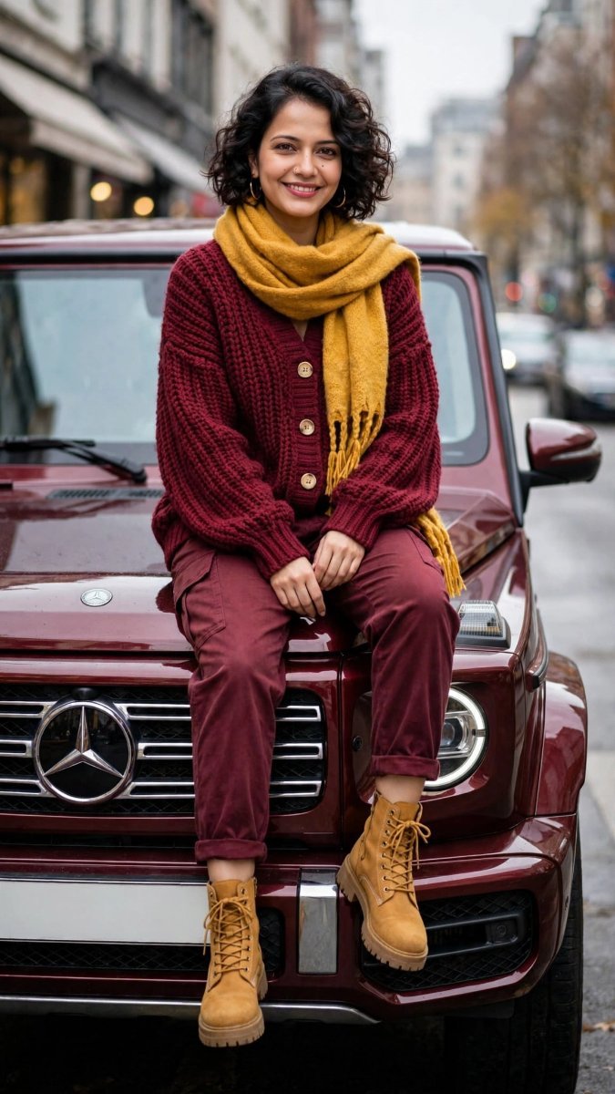 Burgundy Chunky Knit Cardigan - Mustard Scarf Cargo Sanjanaa Arole Sitting On Maroon G-Wagon AI Prompt Visual